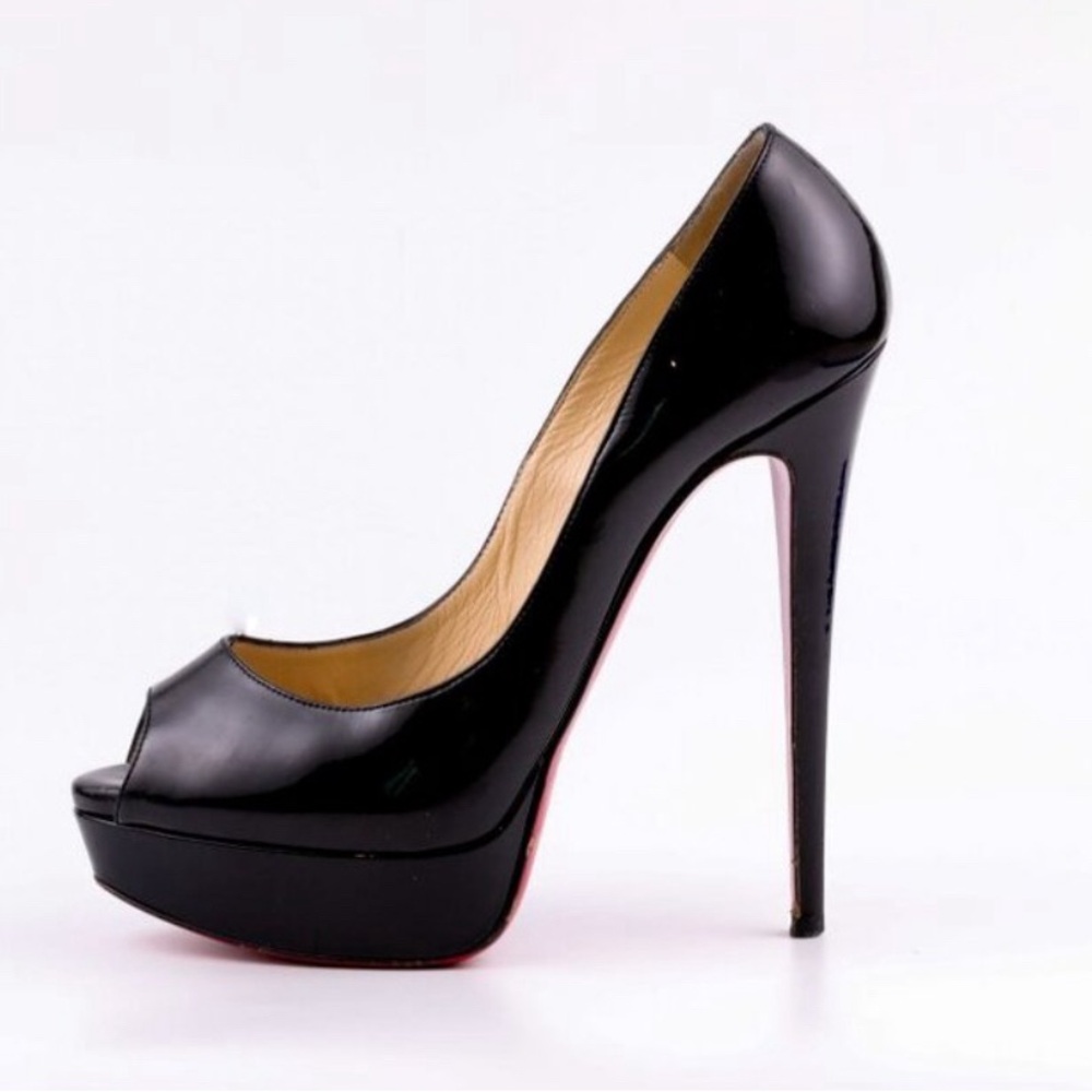 Christian Louboutin Black LADY PEEP Toe Gloss Leather